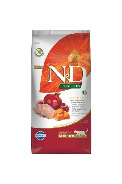 N&D PumpkinTahılsız Bıldırcın & Nar Kısırlaştırılmış Yetişkin Kedi Maması 5 Kg