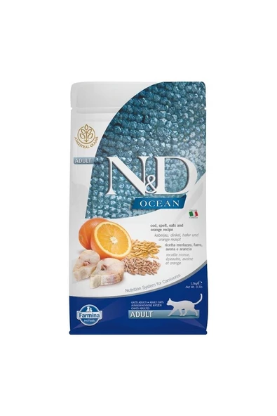 N&D Ocean Morina Balıklı , K.Buğday, Yulaf & Portakal Yetişkin Kedi Maması 1,5 Kg