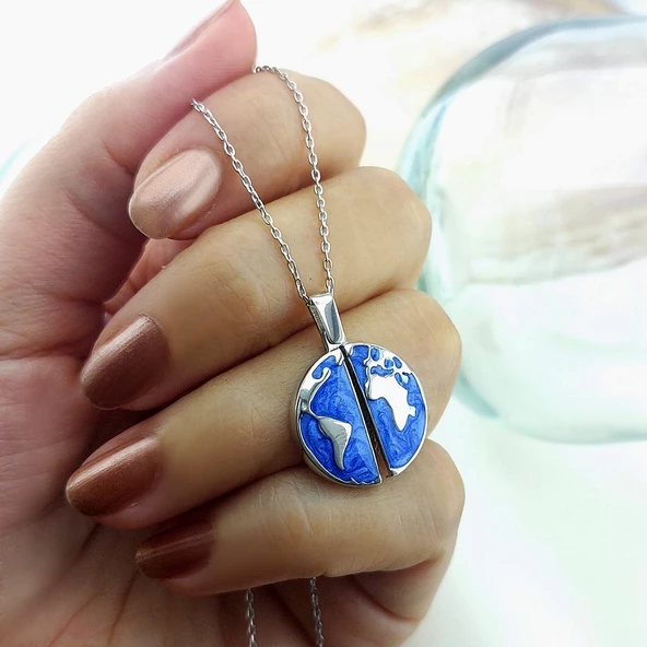 Vaoov 925 Ayar Gümüş İsimli Rodyum Kaplama Açılan Dünya Kolye - Resim 3