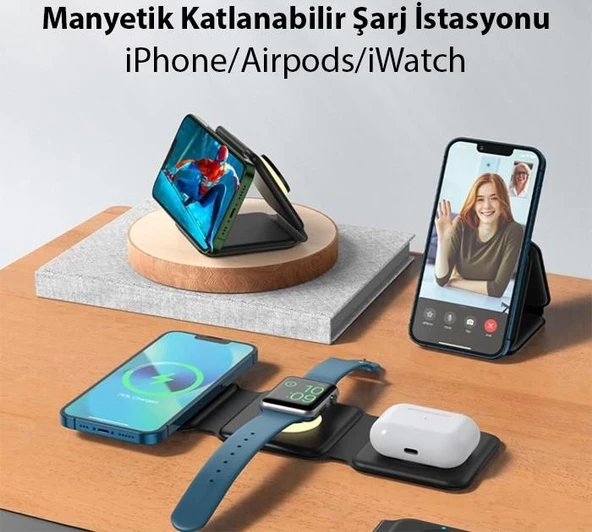 Polham 3in1 15W İphone, Airpods ve Apple Watch Şarj İstasyonu Manyetik Katlanabilir Magsafeli Manyetik Kablosuz Şarj Aleti - 5