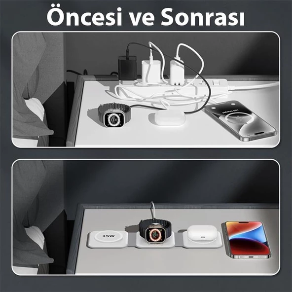 Polham 3in1 15W İphone, Airpods ve Apple Watch Şarj İstasyonu Manyetik Katlanabilir Magsafeli Manyetik Kablosuz Şarj Aleti - 3