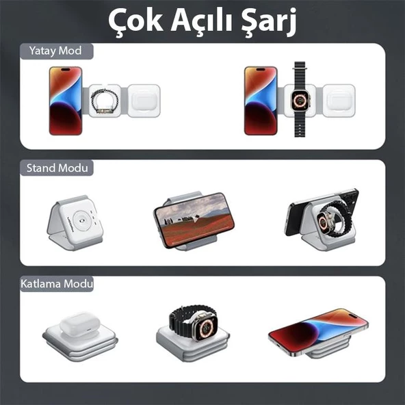 Polham 3in1 15W İphone, Airpods ve Apple Watch Şarj İstasyonu Manyetik Katlanabilir Magsafeli Manyetik Kablosuz Şarj Aleti - 4