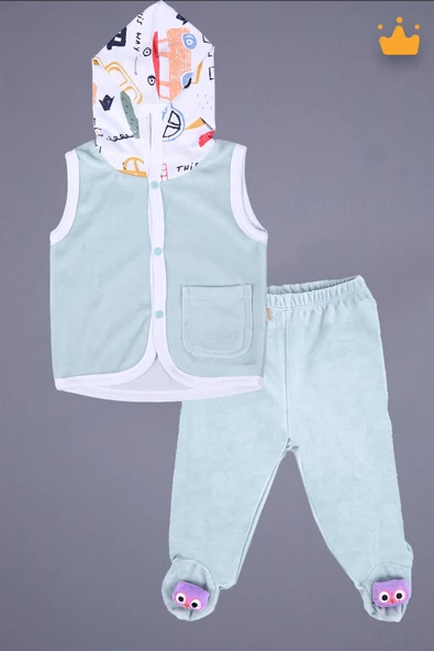 Babyhola Kadife Yelek Patikli Pantolon Unisex Bebek 2'li Set Yeşil - 6