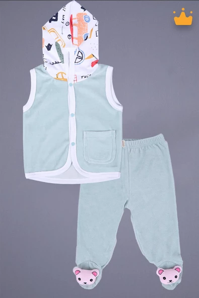 Babyhola Kadife Yelek Patikli Pantolon Unisex Bebek 2'li Set Yeşil - 11