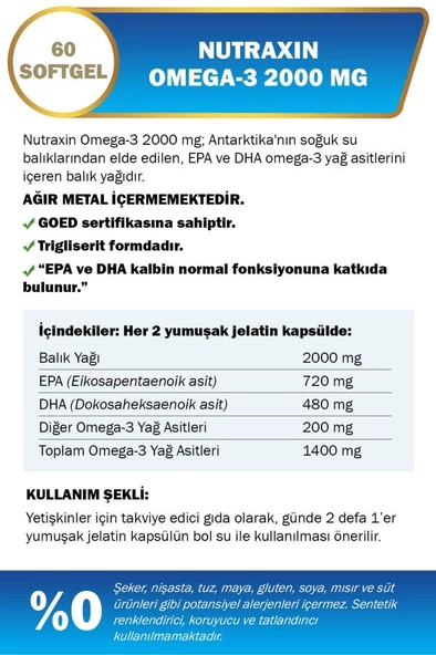 Nutraxin Omega 3 Balık Yağı - Omega 3 2000 Mg - EPA DHA GOED - Resim 2