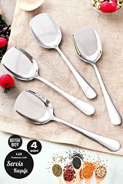 Madamev 4'lü Lüx Servis Kaşığı Seti Büyük Boy Paslanmaz Çelik Kaşık Salata Pasta Yemek Servis Mutfak Kaşığı