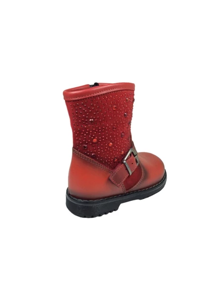 fikretbebe Kız Çocuk Kırmızı Taşlı Tokalı Fermuarlı Deri Anatomik Bot - 4