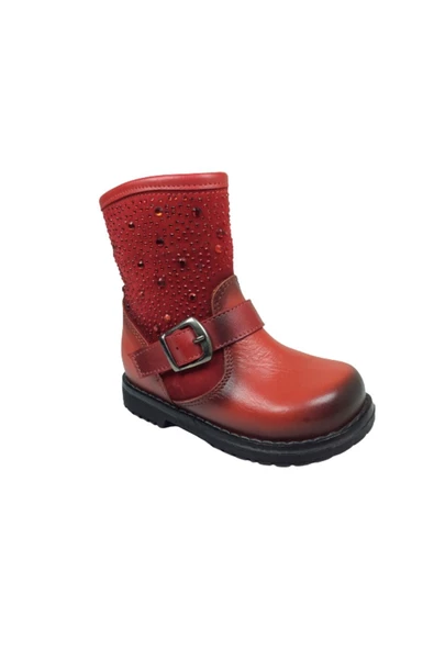 fikretbebe Kız Çocuk Kırmızı Taşlı Tokalı Fermuarlı Deri Anatomik Bot - 2