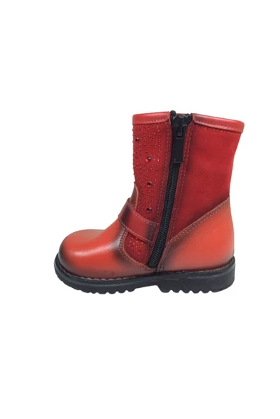 fikretbebe Kız Çocuk Kırmızı Taşlı Tokalı Fermuarlı Deri Anatomik Bot - 3