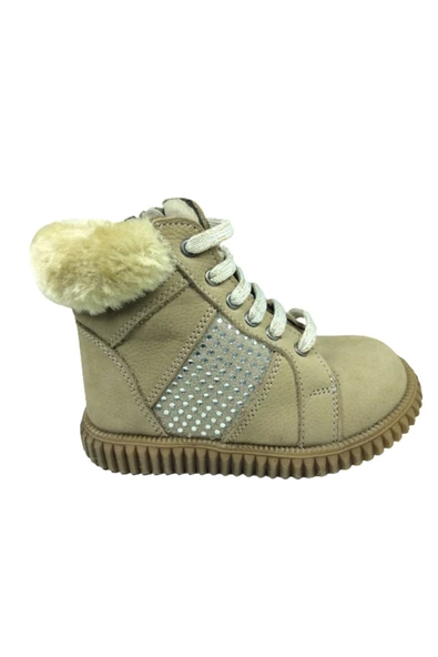 Perlina Ortopedika Bebe Kız Çocuk Bot 1329-8 Bej Nubuk Taşlı Tüylü %100 Deri Ortopedik Anatomik