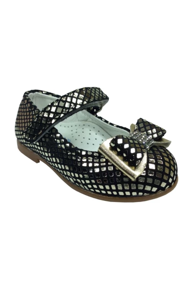 ORTAÇ Tıpış Tıpış Bebe Gümüşe Siyah Crocodil Rugan Katli Taşlı Fiyonk Kız Çocuk Babet Ayakkabı - 2