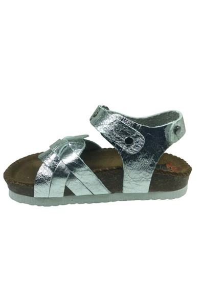 Turkuaz Ortopedikal Bebe Kız Sandalet Gümüş 1 Rugan Önü Örgü Desen Cırtlı Deri Mantar Taban - 3