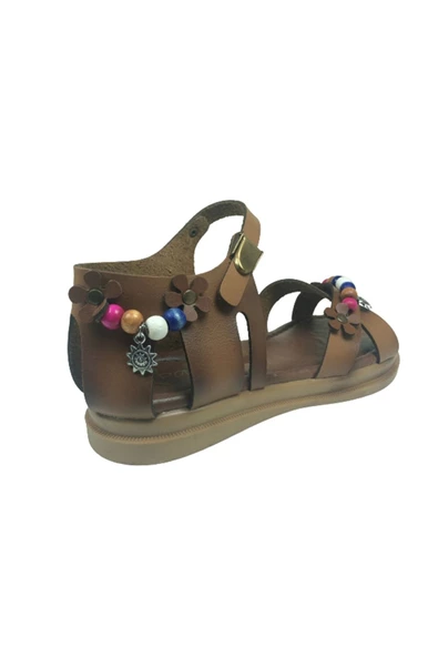 OrtopedikAL Grafen Filet Kız Çocuk Sandalet Kahve Çapraz Atkılı Boncuklu Günlük Ayakkabı - 4