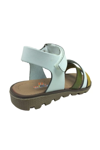 raduno Çocuk Beyaz Deri Önü Hardal Bilekten Cırtlı Sandalet - 4