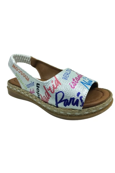 OrtopedikAL 1506 (plm) Patik Kız Sandalet Gümüş Baskı Desenli Yazılı Arkası Lastikli - 2