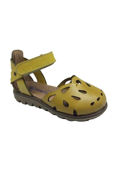 raduno Ortopedika Bebe Kız Sandalet Hardal Önü Delikli Lazerli Bilekten Cirtli % 100 Deri