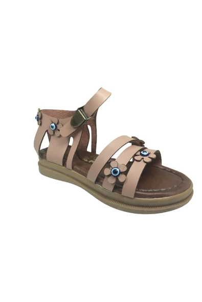 OrtopedikAL Grafen Patik Kız Çocuk Sandalet Pudra 3 Bant Atkılı Nazar Boncuklu Günlük Ayakkabı - 2