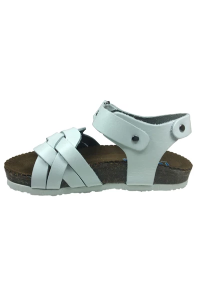 Turkuaz Ortopedika Patik Kız Sandalet Beyaz Önü Örgü Desen Cırtlı % 100 Deri Ortopedik Mantar Tbn - 3