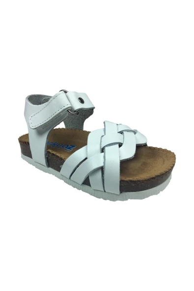 Turkuaz Ortopedika Bebe Kız Sandalet Beyaz Önü Örgü Desen Cırtlı % 100 Deri Ortopedik Mantar Taban