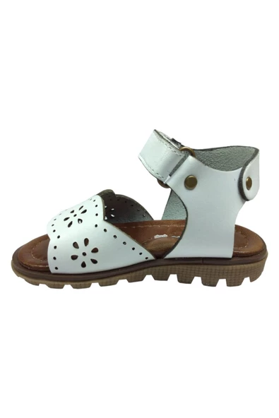 raduno Ortopedika Bebe Kiz Sandalet Beyaz Lazerli Çiçek Desen Bilekten Cirtli % 100 Deri - 3