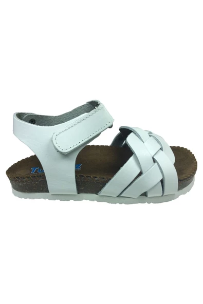 Turkuaz Ortopedika Patik Kız Sandalet Beyaz Önü Örgü Desen Cırtlı % 100 Deri Ortopedik Mantar Tbn