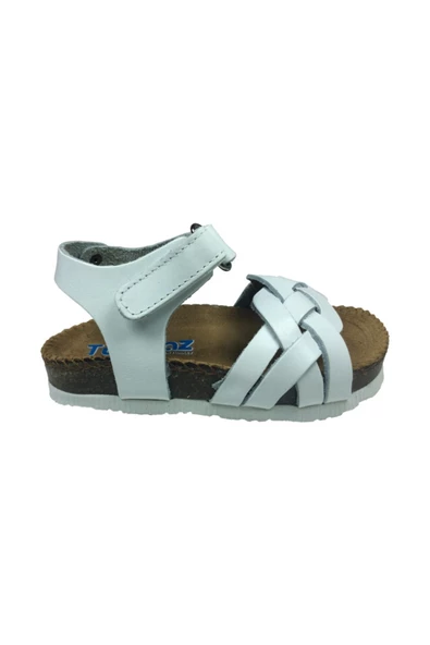 Turkuaz Ortopedika Bebe Kız Sandalet Beyaz Önü Örgü Desen Cırtlı % 100 Deri Ortopedik Mantar Taban - 2