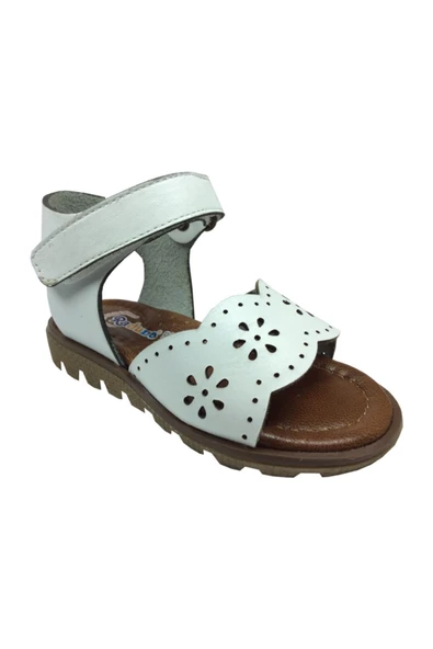 raduno Ortopedika Bebe Kiz Sandalet Beyaz Lazerli Çiçek Desen Bilekten Cirtli % 100 Deri - 2