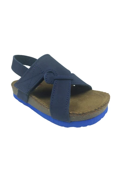 Turkuaz Ortopedikal Bebe Erkek Çocuk Sandalet Lacivert Nubuk Yandan Cırtlı % 100 Deri Mantar Taban - 4