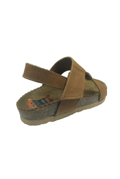 Turkuaz Ortopedikal Bebe Erkek Çocuk Sandalet Tarçın Nubuk Yandan Cırtlı % 100 Deri Mantar Taban - 4