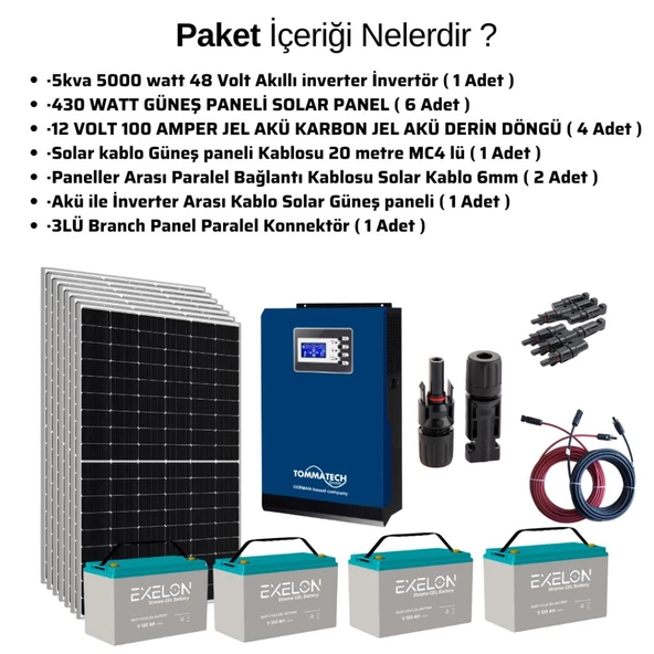 Güneş Enerjisi Bağ Evi Solar Paketi 5KVA İnverter 400W Güneş Paneli 100Ah Jel Akü - 3