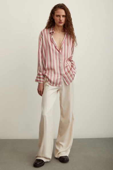 Çizgili Saten Gömlek Pembe - Resim 5