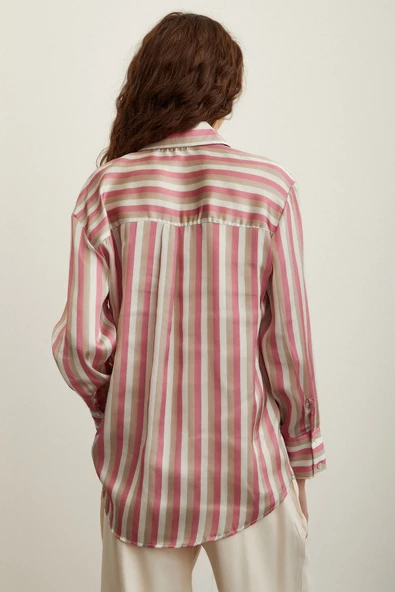 Çizgili Saten Gömlek Pembe - Resim 4