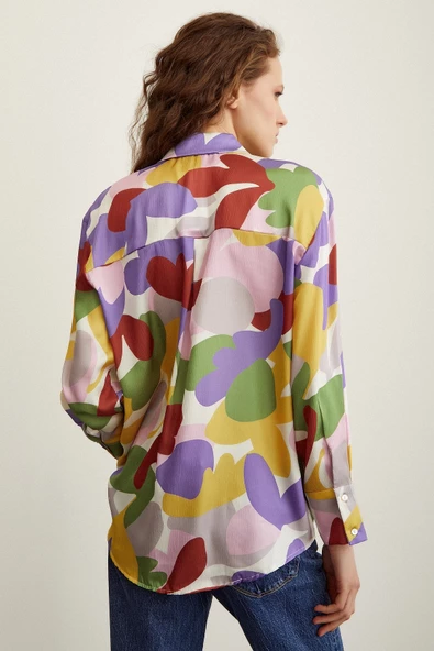 Desenli Saten Gömlek Lila - Resim 2