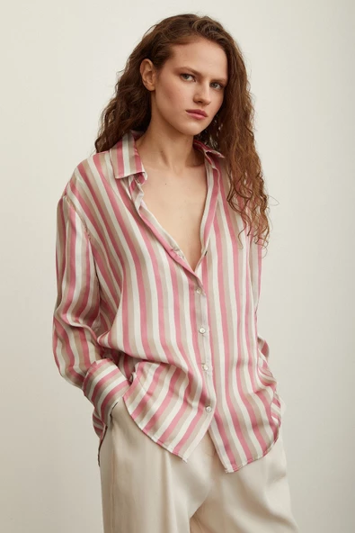 Çizgili Saten Gömlek Pembe - Resim 6