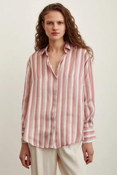 Çizgili Saten Gömlek Pembe - Resim 2
