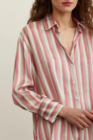 Çizgili Saten Gömlek Pembe - Resim 3