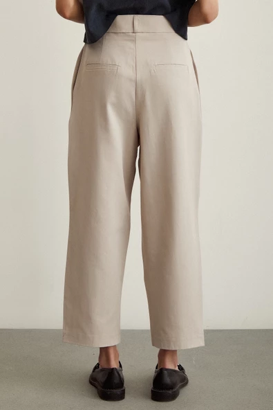 Önü Çift Pileli Pantolon Taş - Resim 6