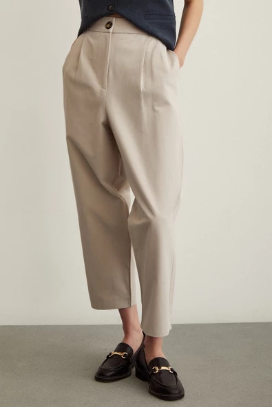 Önü Çift Pileli Pantolon Taş - Resim 4