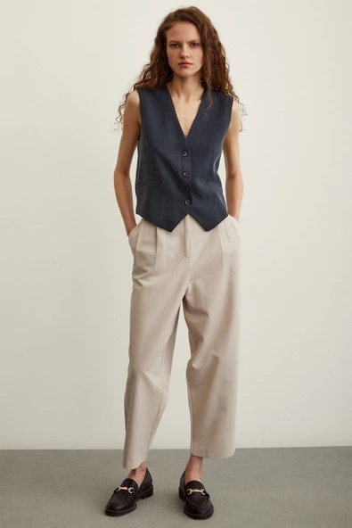 Önü Çift Pileli Pantolon Taş ürün görseli 1