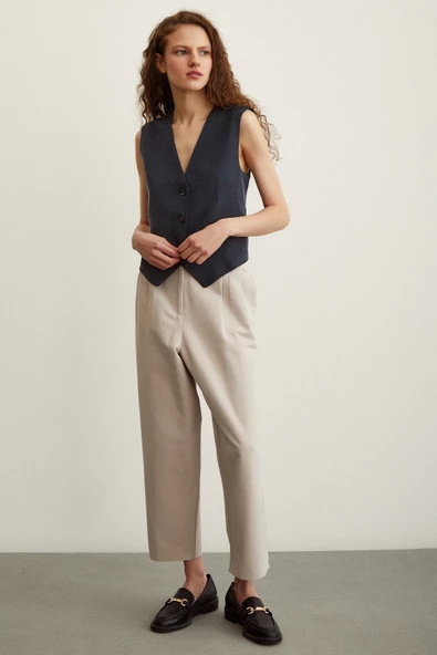 Önü Çift Pileli Pantolon Taş - Resim 2