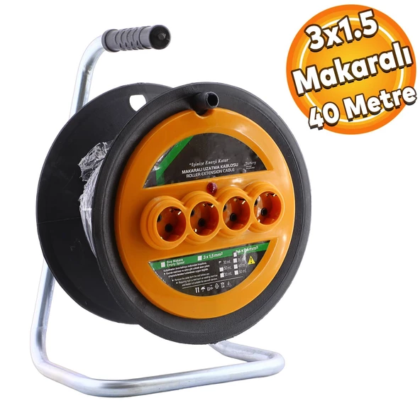 Plastik Makaralı Ev Elektriği Monofaze Seyyar 4 Prizli Uzatma Kablosu 3x1.5 mm TTR Kablo 40 Metre - 1