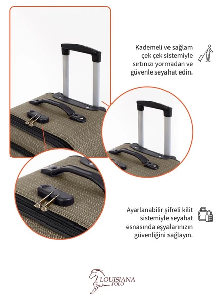 Louisiana Polo Orta ve Kabin Boy Valiz Seti 4 Teker Kumaş Valiz Bej 1081 - 4