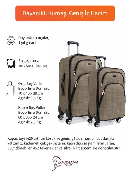 Louisiana Polo Orta ve Kabin Boy Valiz Seti 4 Teker Kumaş Valiz Bej 1081 - 2