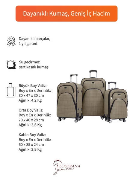 Louisiana Polo 3'lü Valiz Seti 4 Teker Kumaş Valiz Bej 1081 - 2
