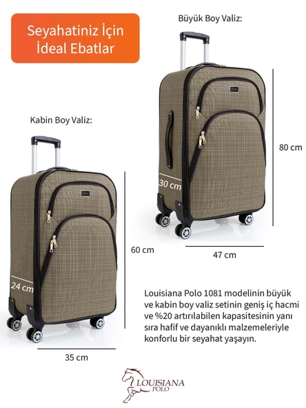 Louisiana Polo Büyük ve Kabin Boy Valiz Seti 4 Teker Kumaş Valiz Bej 1081 - Resim 3