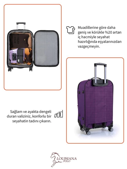 Louisiana Polo 3'lü Valiz Seti 4 Teker Kumaş Valiz Mor 1081 - 6