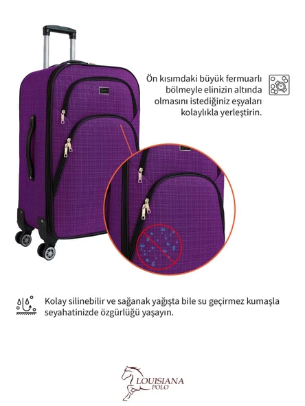 Louisiana Polo 3'lü Valiz Seti 4 Teker Kumaş Valiz Mor 1081 - 5