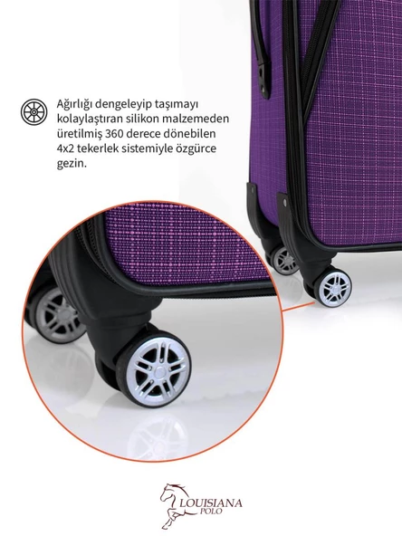 Louisiana Polo Büyük ve Kabin Boy Valiz Seti 4 Teker Kumaş Valiz Mor 1081 - Resim 4
