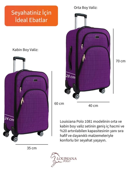 Louisiana Polo Orta ve Kabin Boy Valiz Seti 4 Teker Kumaş Valiz Mor 1081 - 3