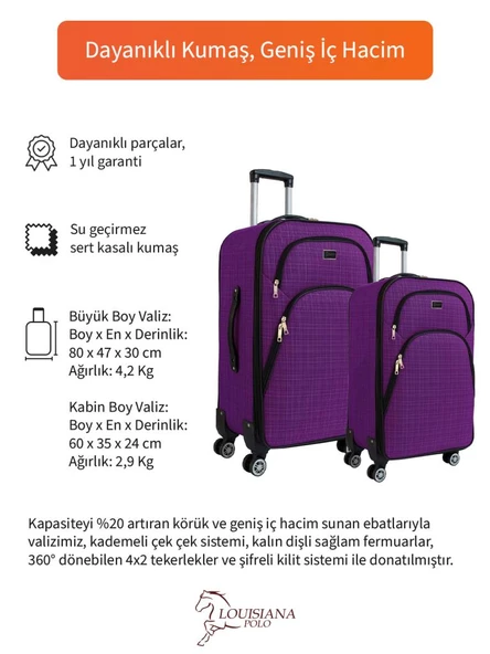 Louisiana Polo Büyük ve Kabin Boy Valiz Seti 4 Teker Kumaş Valiz Mor 1081 - Resim 2